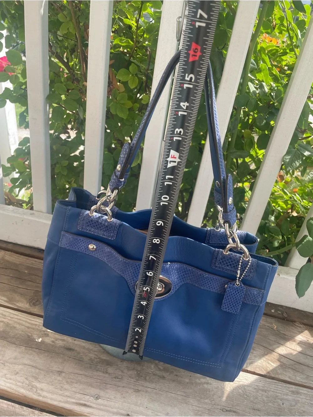 Coach Blue Leather-Trim Shoulder Tote with Turnlock